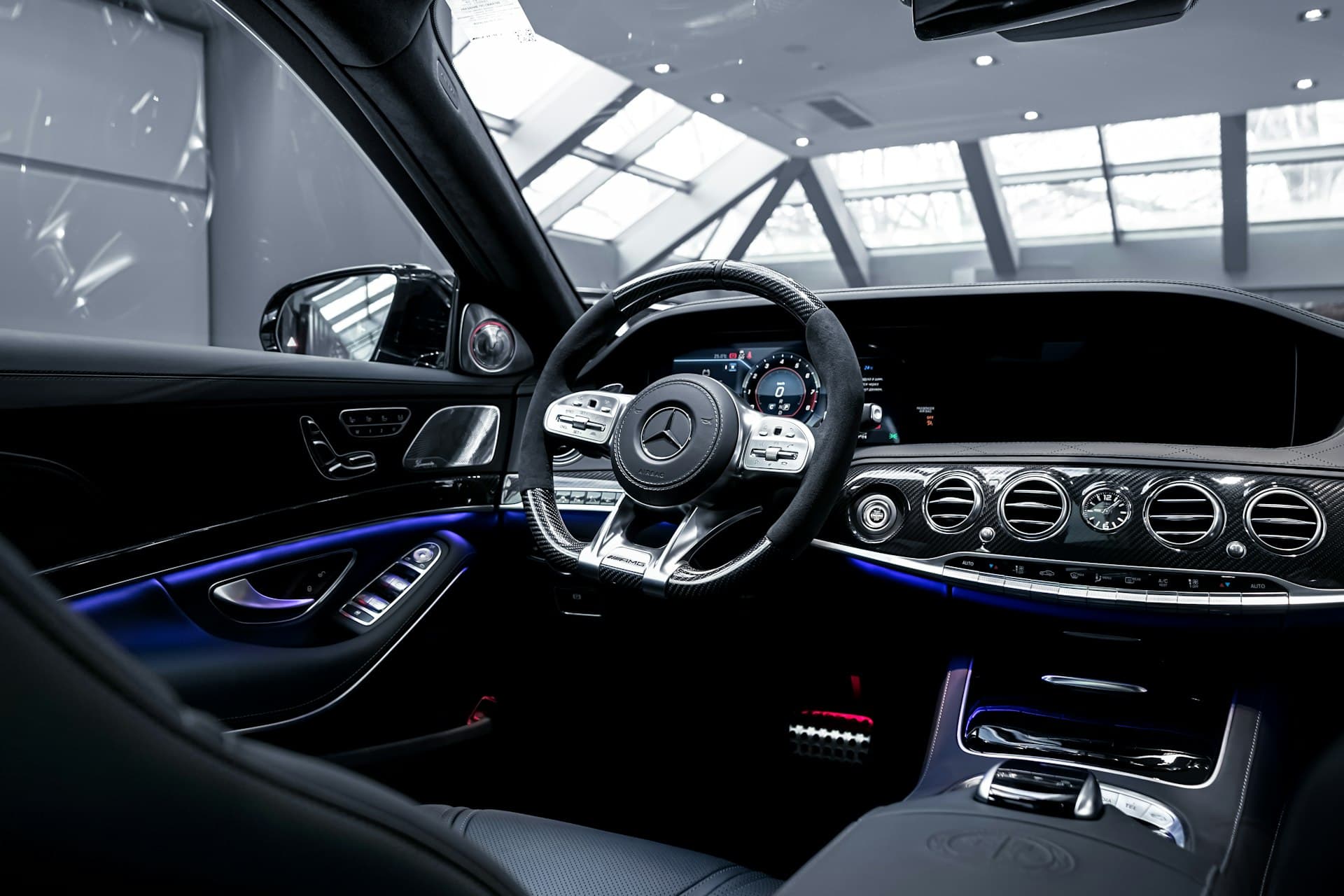Mercedes-Benz S Class interior with ambient lighting — luxury limousine hire in Bangalore